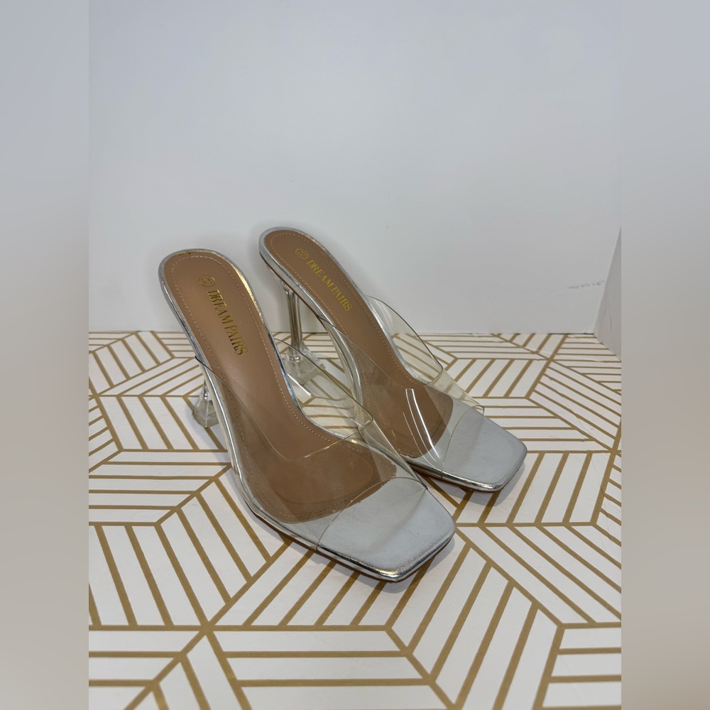 Dream Pairs Clear Silver Heeled Mules